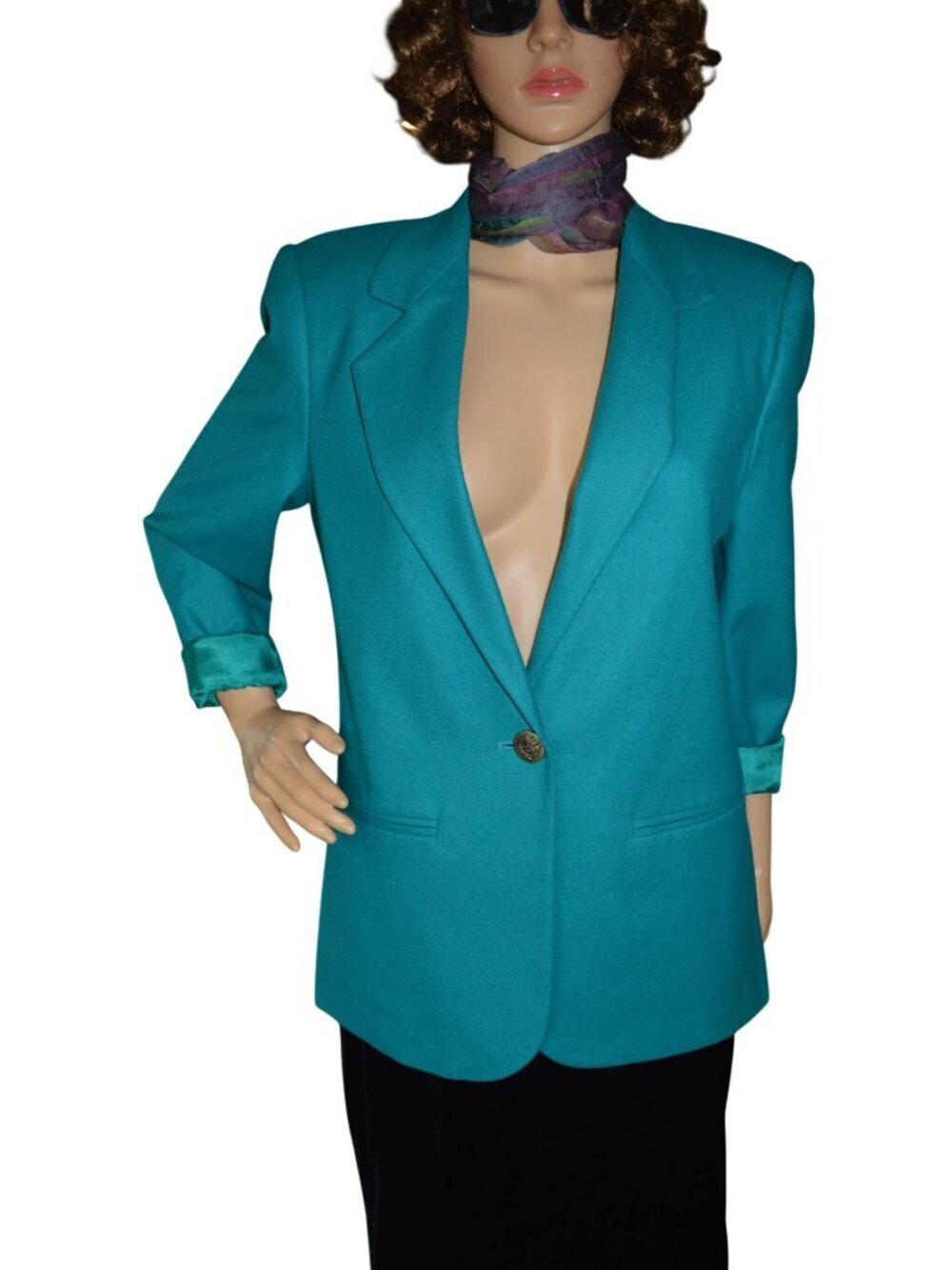Vintage 90s Sag Harbor Teal Blue Green 100% Wool Blazer Women's Size 6 Petite